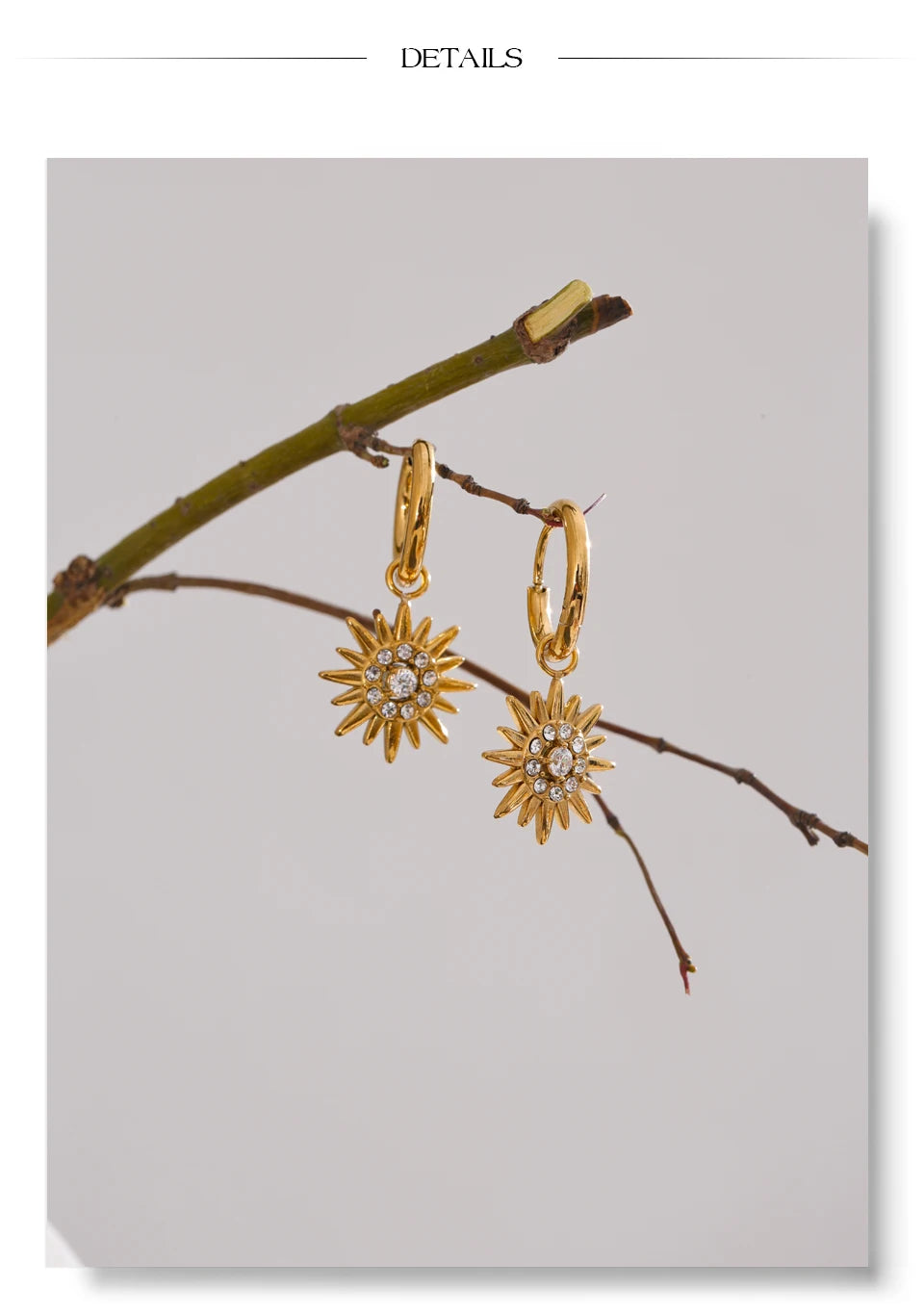 Cubic zirconia sun geometric earrings in gold-plated stainless steel with cubic zirconia.