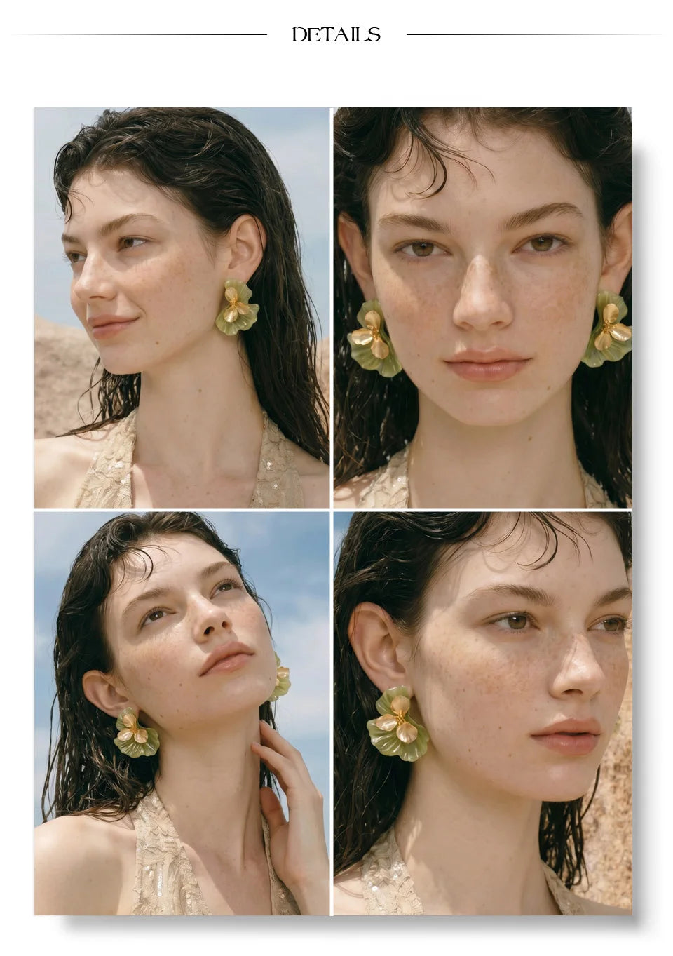 Green resin flower earrings in gold-plated stainless steel with resin.