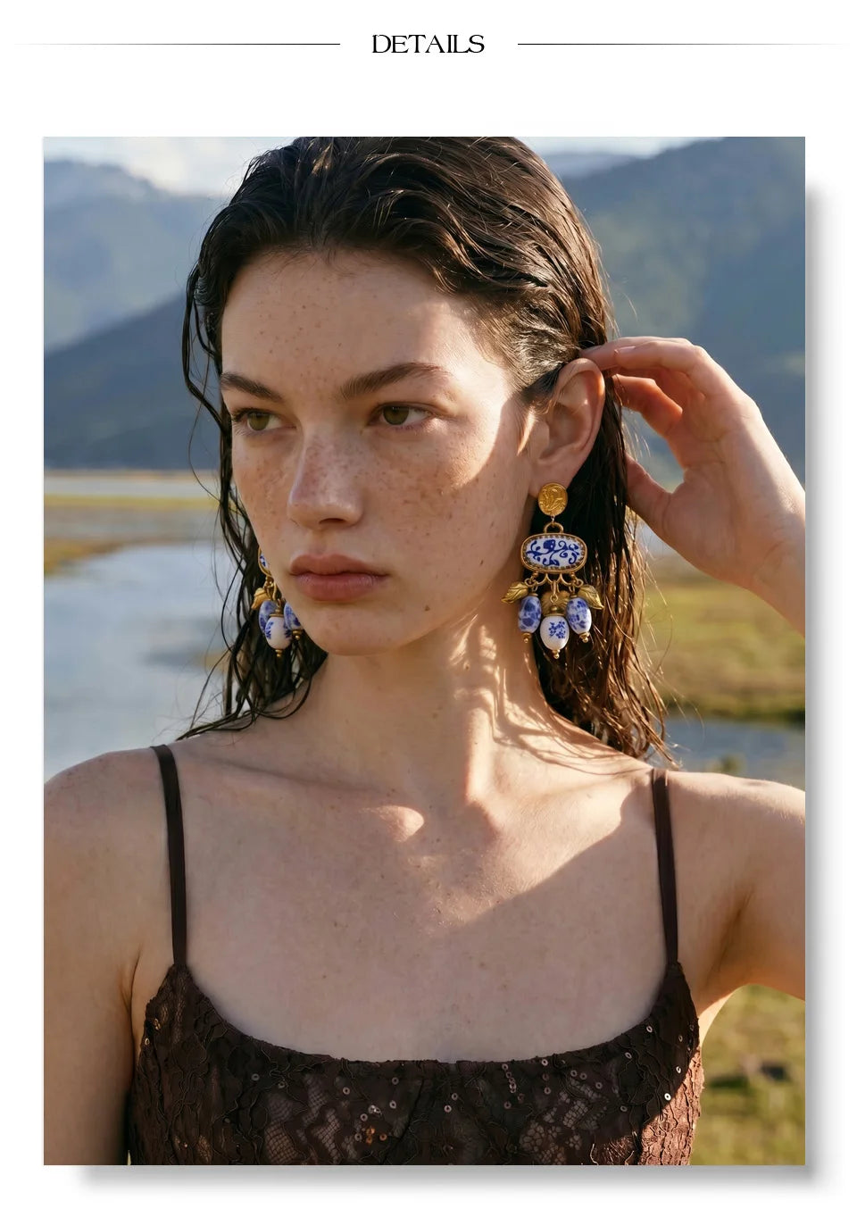 Blue heart flower earrings in gold-plated stainless steel.