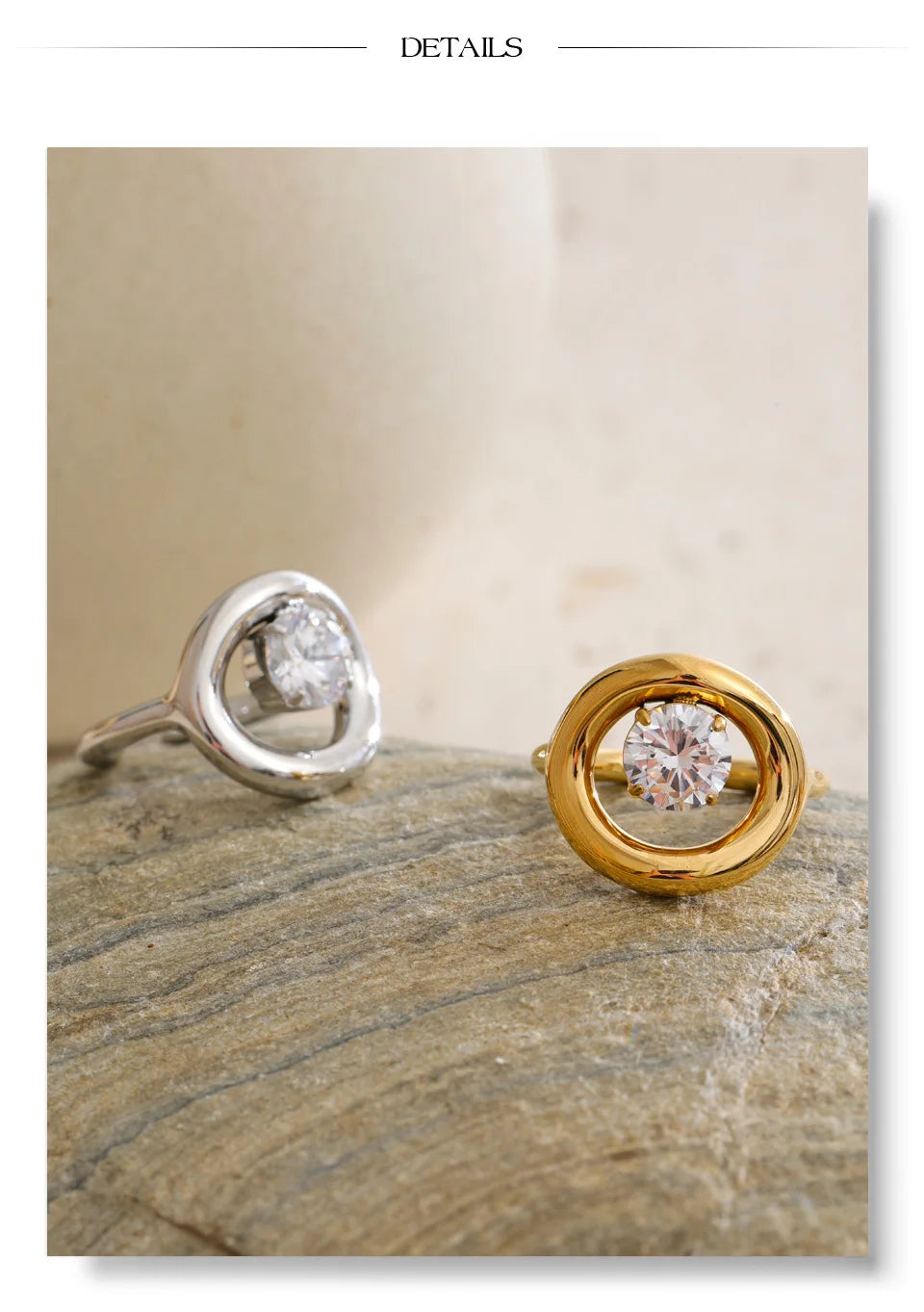 Cubic zirconia geometric ring in 18K gold-plated stainless steel with cubic zirconia.