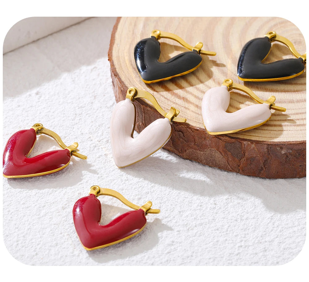 Hoop Earrings Heart Pink Black Red Enamel Vintage — 316L Stainless Steel · PS393