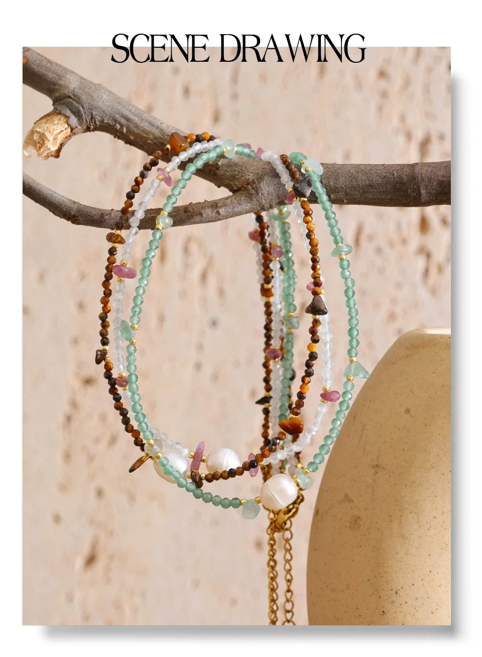 Freshwater pearl natural stone beaded necklace in gold-plated stainless steel with freshwater pearl and natural stone.