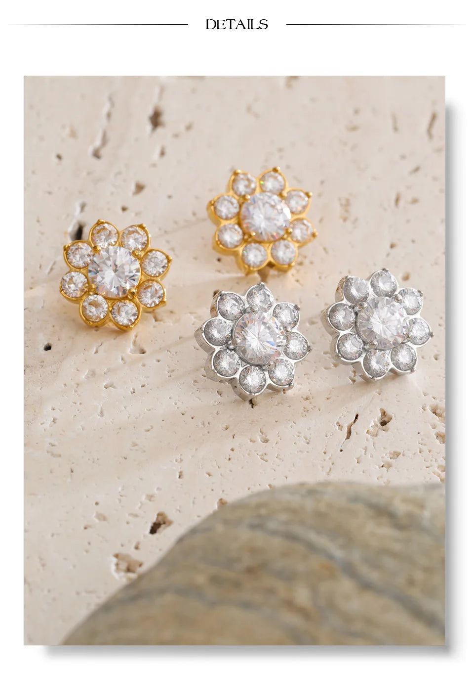 Cubic Zirconia Flower Earrings — Gold-Plated Stainless Steel with Cubic Zirconia · PS1570