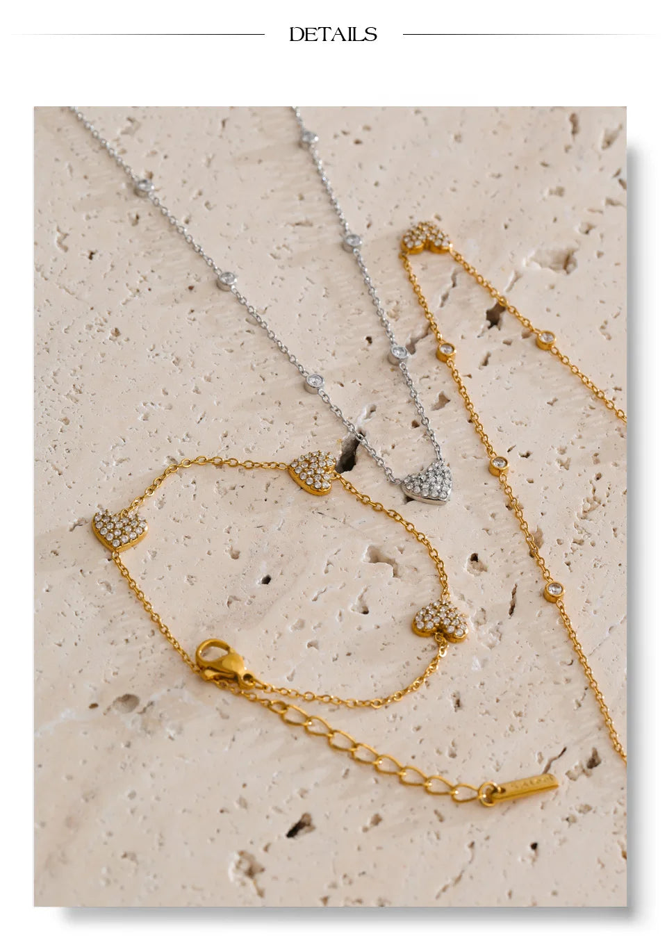 Cubic zirconia heart geometric necklace in gold-plated stainless steel with cubic zirconia.