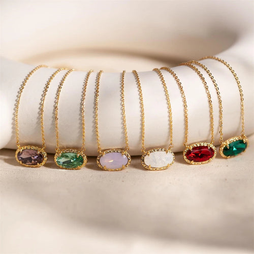 Colorful zircon necklace, natural stone, bone chain, oval, fashionable, popular, niche, personalized jewelry, gold-plated