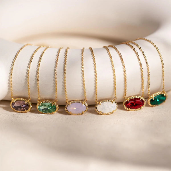 Colorful zircon necklace, natural stone, bone chain, oval, fashionable, popular, niche, personalized jewelry, gold-plated