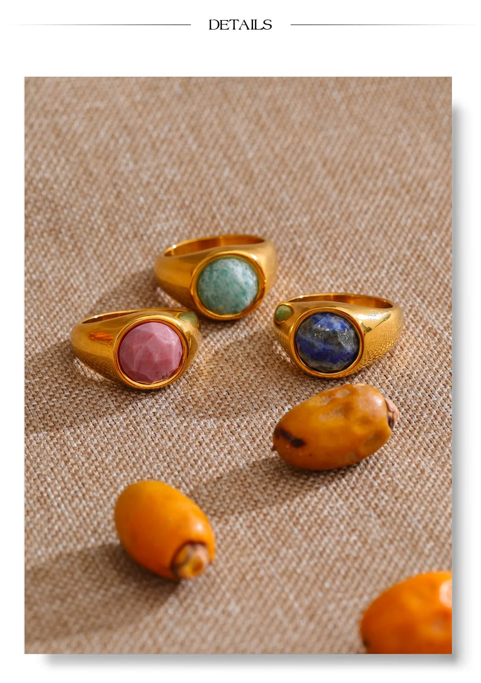 Natural stone geometric ring in 18K gold-plated stainless steel with natural stone.
