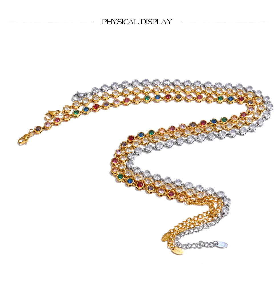 Cubic zirconia multi-color geometric necklace in gold-plated stainless steel with cubic zirconia.