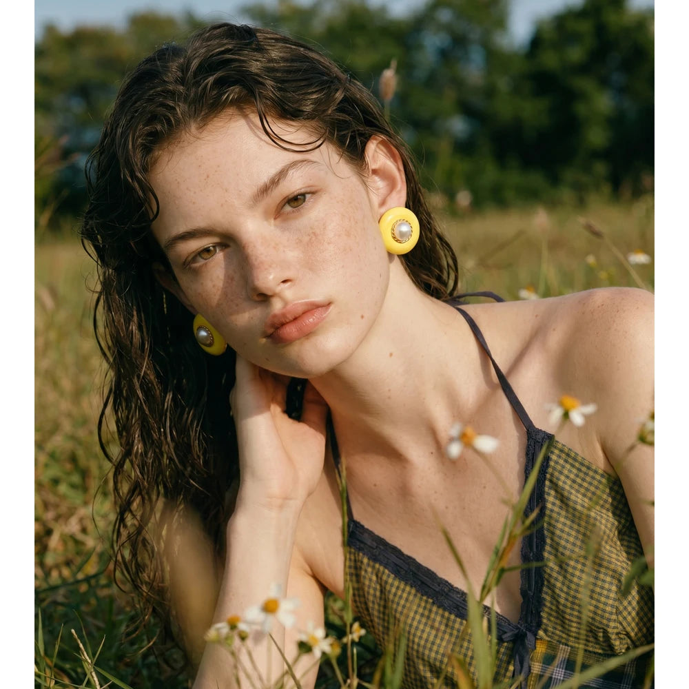 Pearl Enamel Multi-Color Earrings — Gold-Plated Stainless Steel with Pearl and Enamel · PS1521