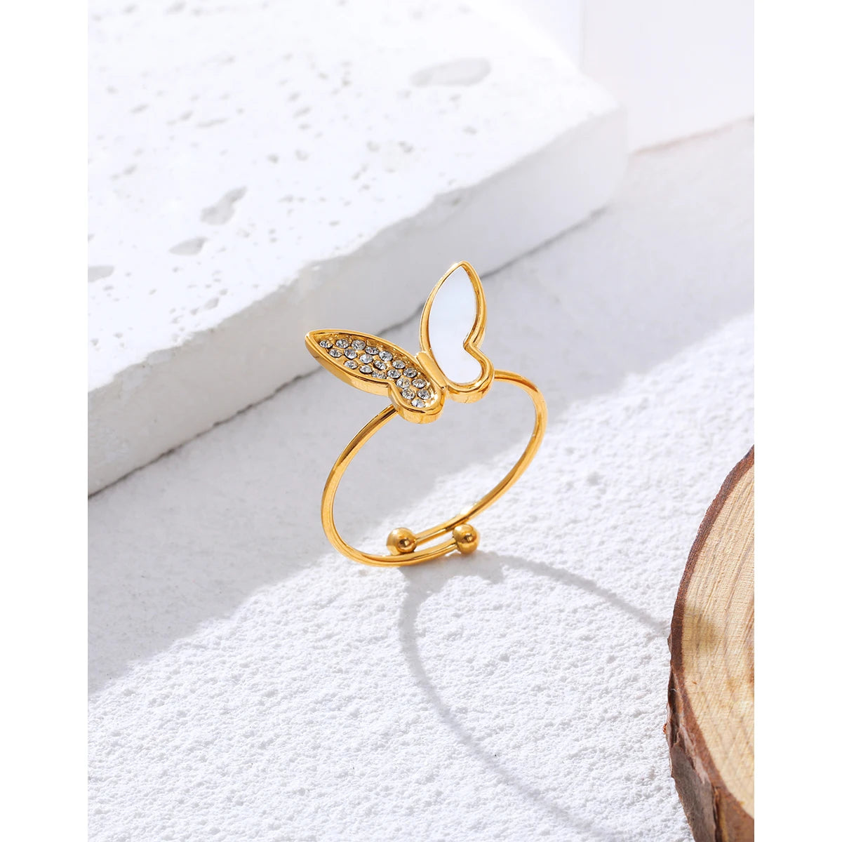 Butterfly Adjustable Ring Crystal Shell — 316L Stainless Steel · PS458