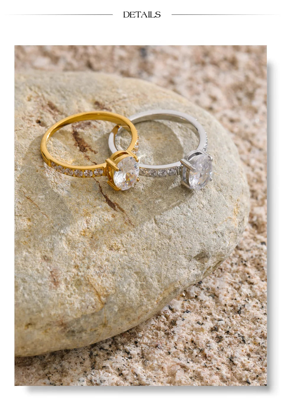 Cubic zirconia geometric ring in 18K gold-plated stainless steel with cubic zirconia.