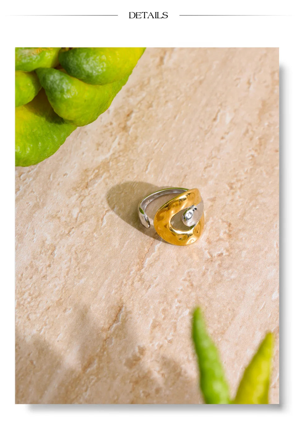 Geometric ring in 18K gold-plated stainless steel.