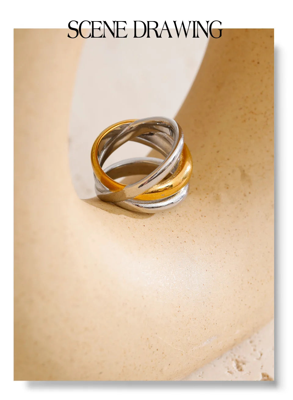 Geometric layered ring in 18K gold-plated stainless steel.