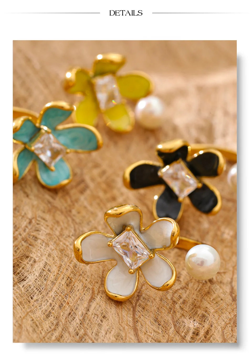Cubic zirconia enamel flower ring in gold-plated stainless steel with cubic zirconia and enamel.