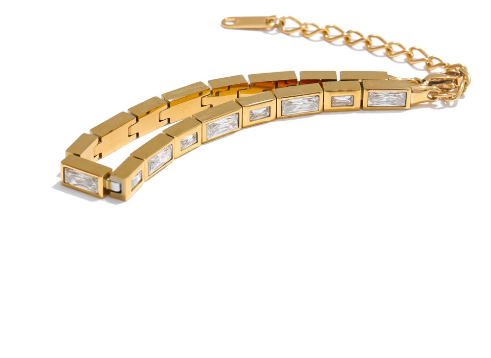 Cubic Zirconia Geometric Chain Bracelet — Gold-Plated Stainless Steel with Cubic Zirconia · PS1955