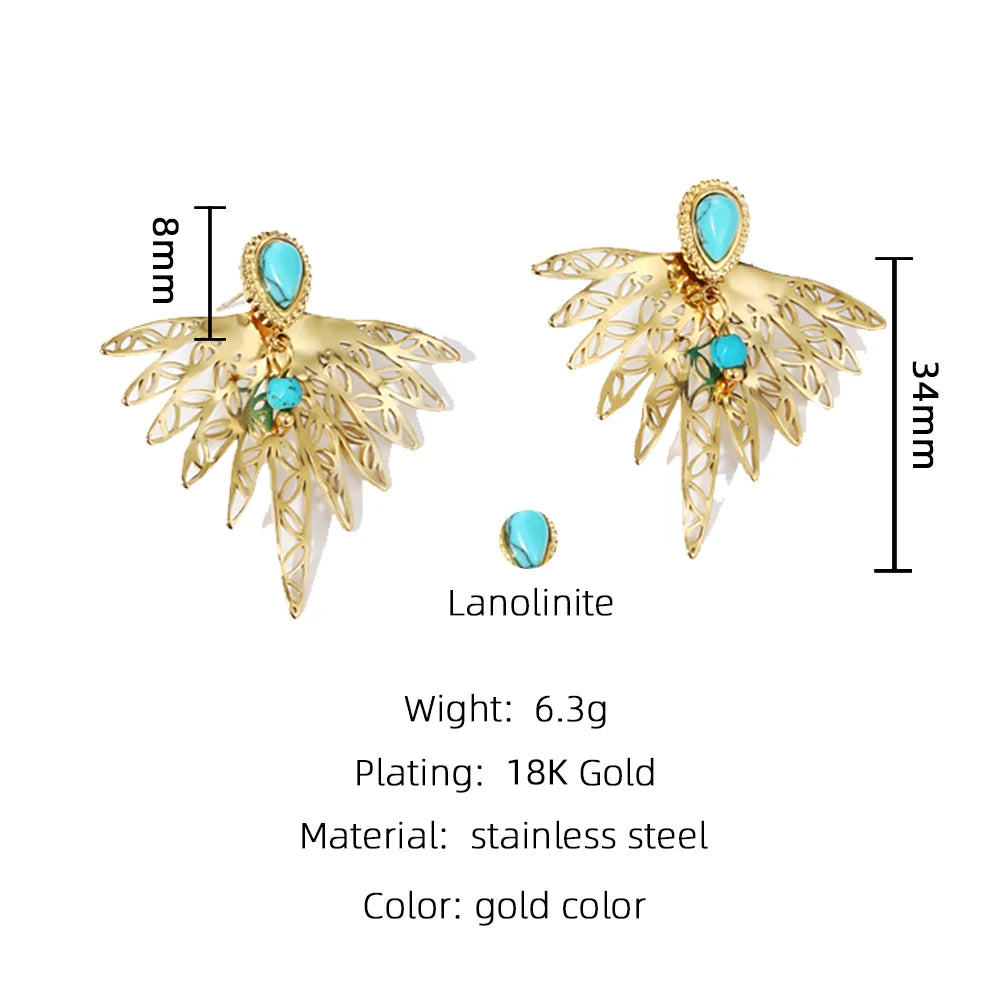 Stud Earrings Geometric Hollow Metal Texture Natural Stone — 316L Stainless Steel · PS463