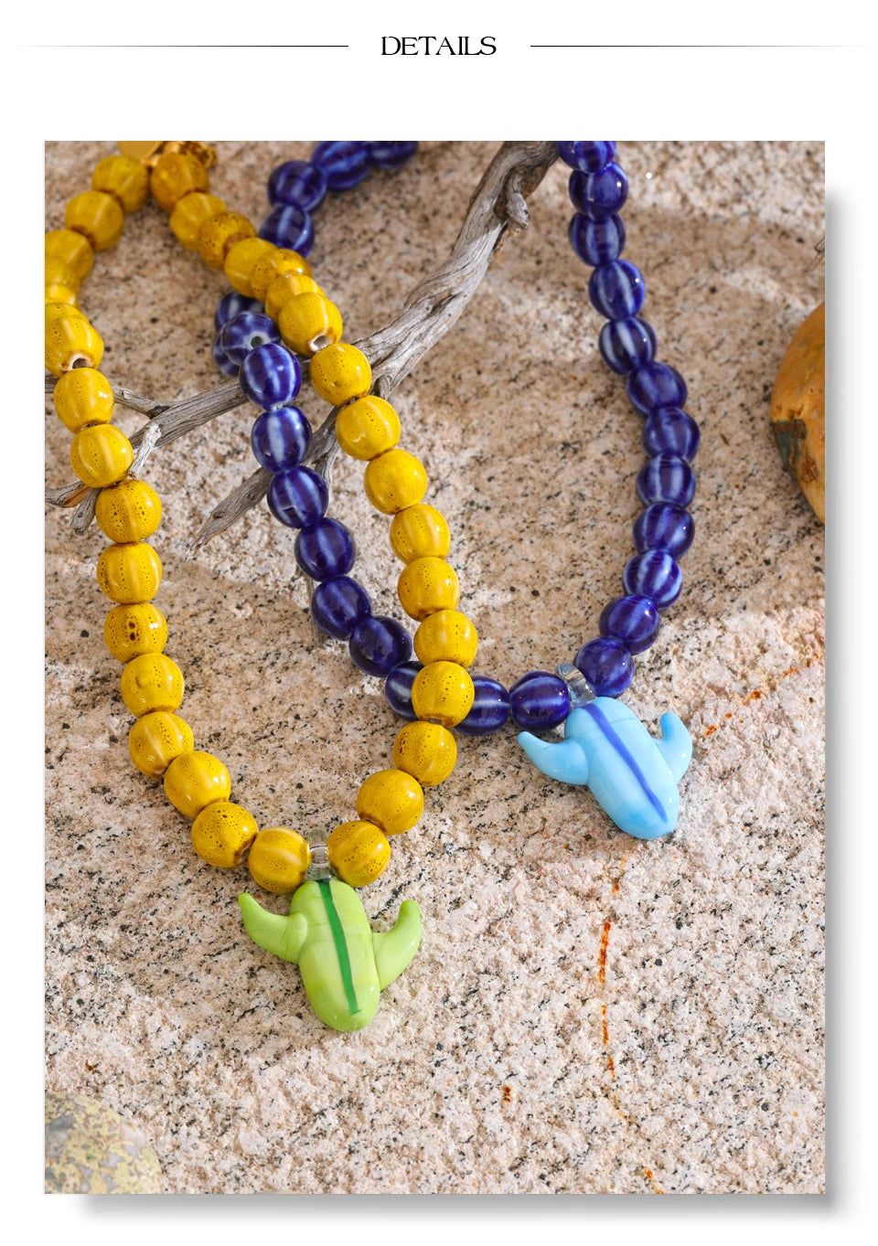 Blue beaded geometric necklace in gold-plated stainless steel.