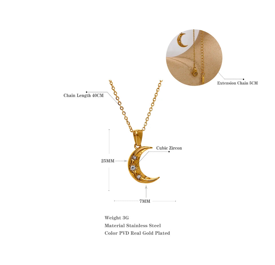 Cubic zirconia moon necklace in gold-plated stainless steel with cubic zirconia.