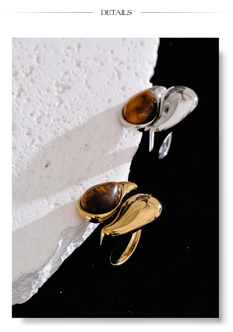 Natural stone geometric ring in gold-plated 316L stainless steel with natural stone.