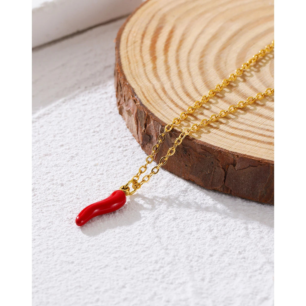 Chain Necklace Enamel Red Hot Pepper Pendant — 316L Stainless Steel · PS474