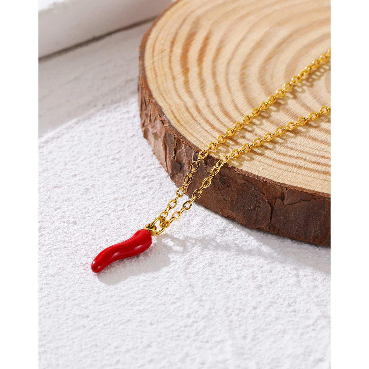 Chain Necklace Enamel Red Hot Pepper Pendant — 316L Stainless Steel · PS474