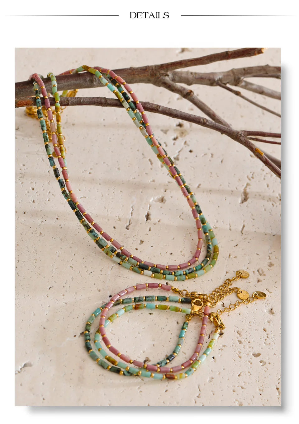 Natural stone beaded geometric necklace in gold-plated stainless steel with natural stone.