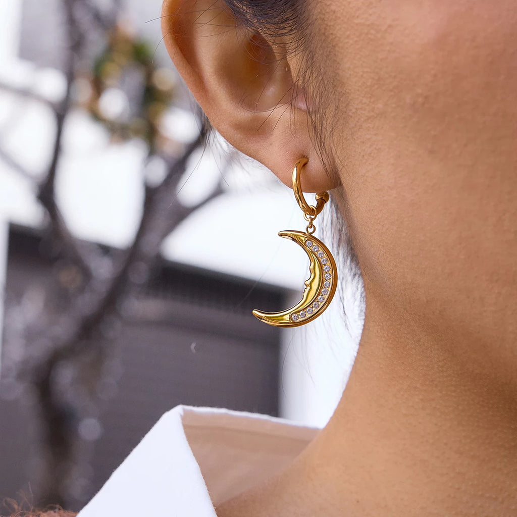 Crescent Moon Drop Earrings — Stainless Steel · PS074