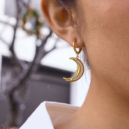 Crescent Moon Drop Earrings — Stainless Steel