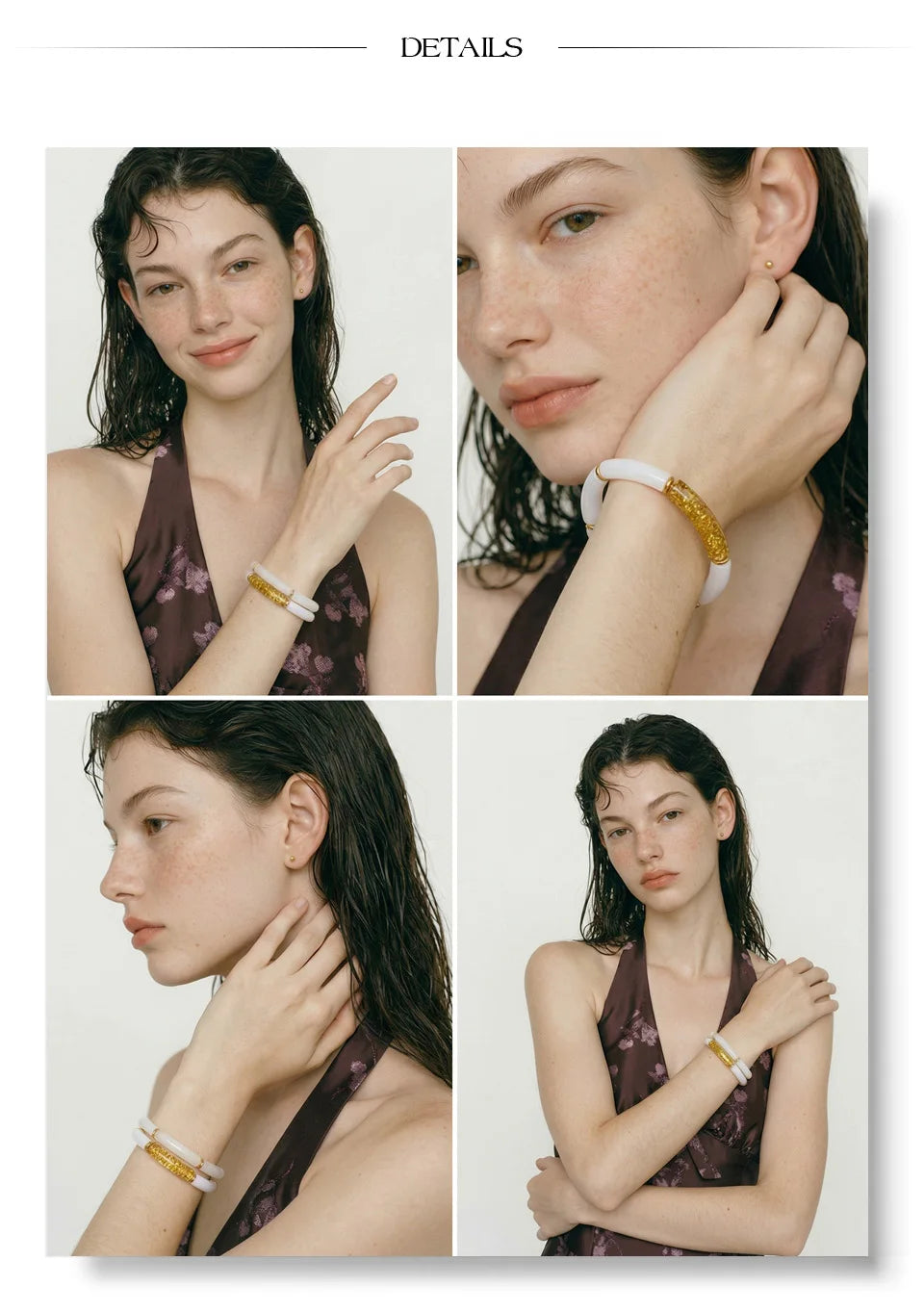 Resin acrylic geometric bracelet in gold-plated stainless steel with resin and acrylic.