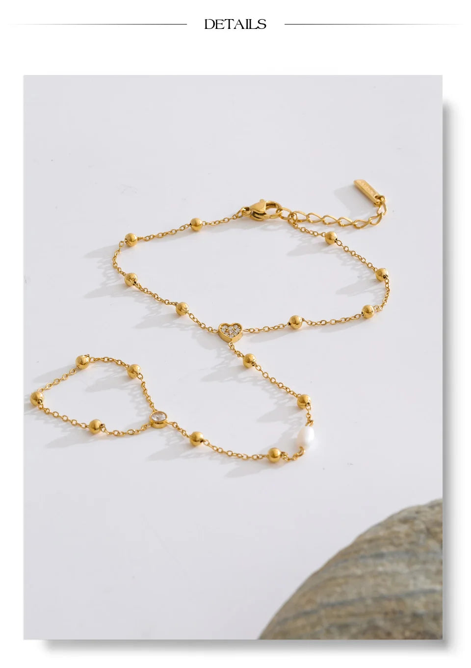 Cubic Zirconia Pearl Geometric Bracelet — Gold-Plated Stainless Steel with Pearl and Cubic Zirconia · PS1330