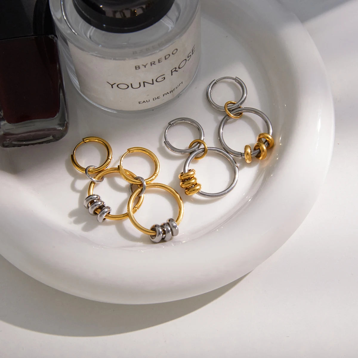 Two-Tone Ring Drop Earrings — Stainless Steel · PS107