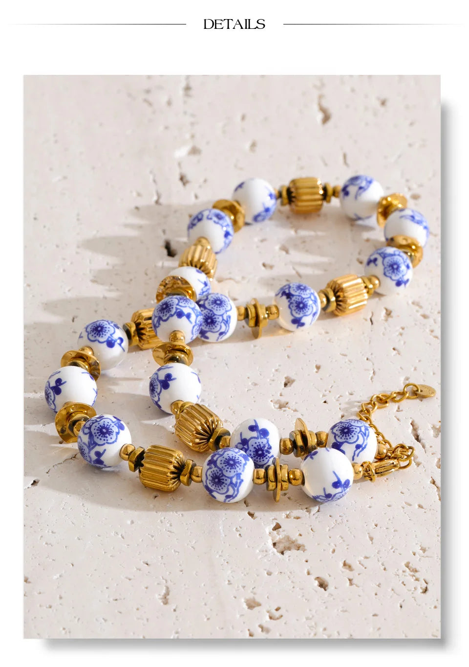 Blue flower beaded necklace in gold-plated stainless steel.