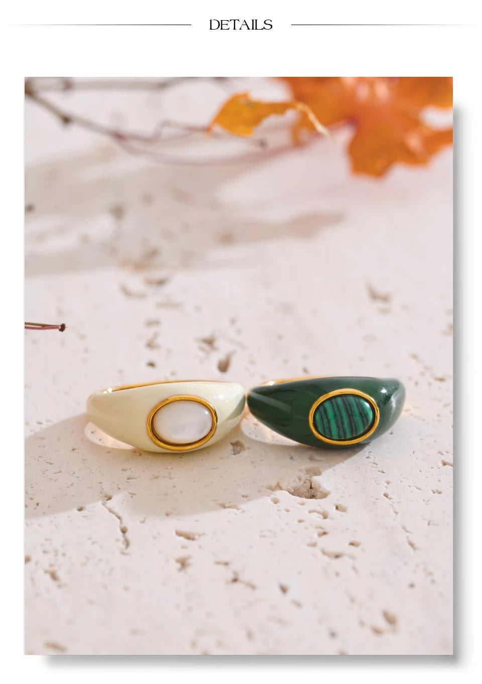 White shell enamel ring in 18K gold-plated stainless steel with natural stone and shell.
