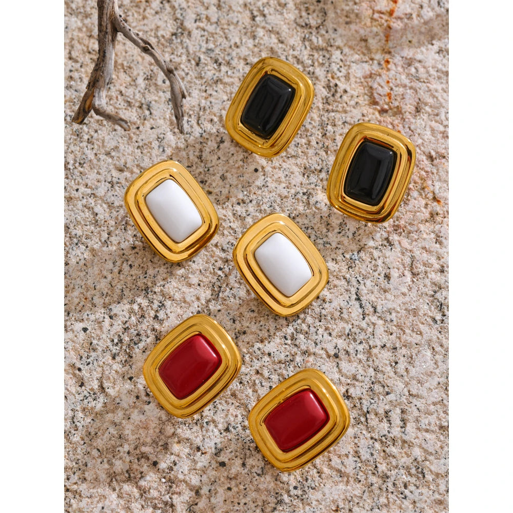 Black Natural Stone Geometric Earrings — Gold-Plated Stainless Steel with Natural Stone · PS1596