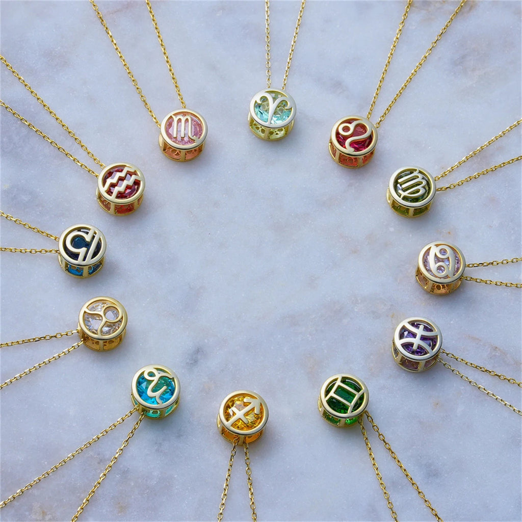 Double hollowed-out twelve constellation necklace hollowed-out zircon pendant clavicle chain plated real gold color