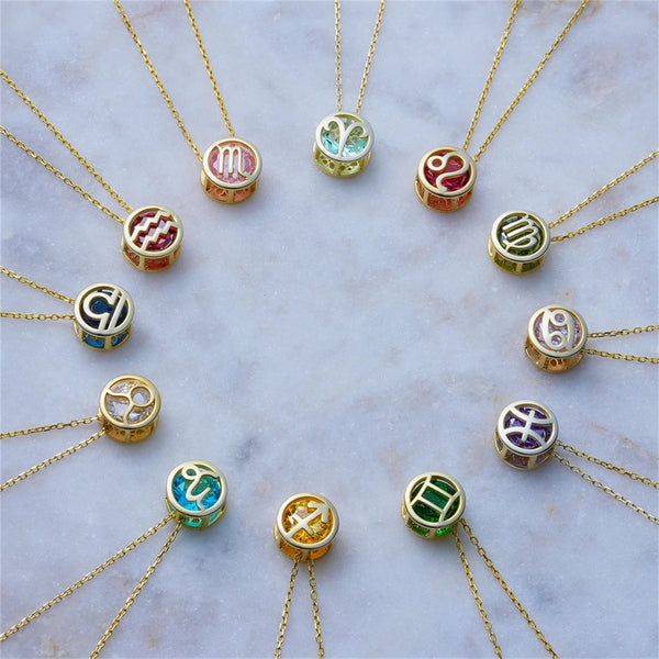 Double hollowed-out twelve constellation necklace hollowed-out zircon pendant clavicle chain plated real gold color