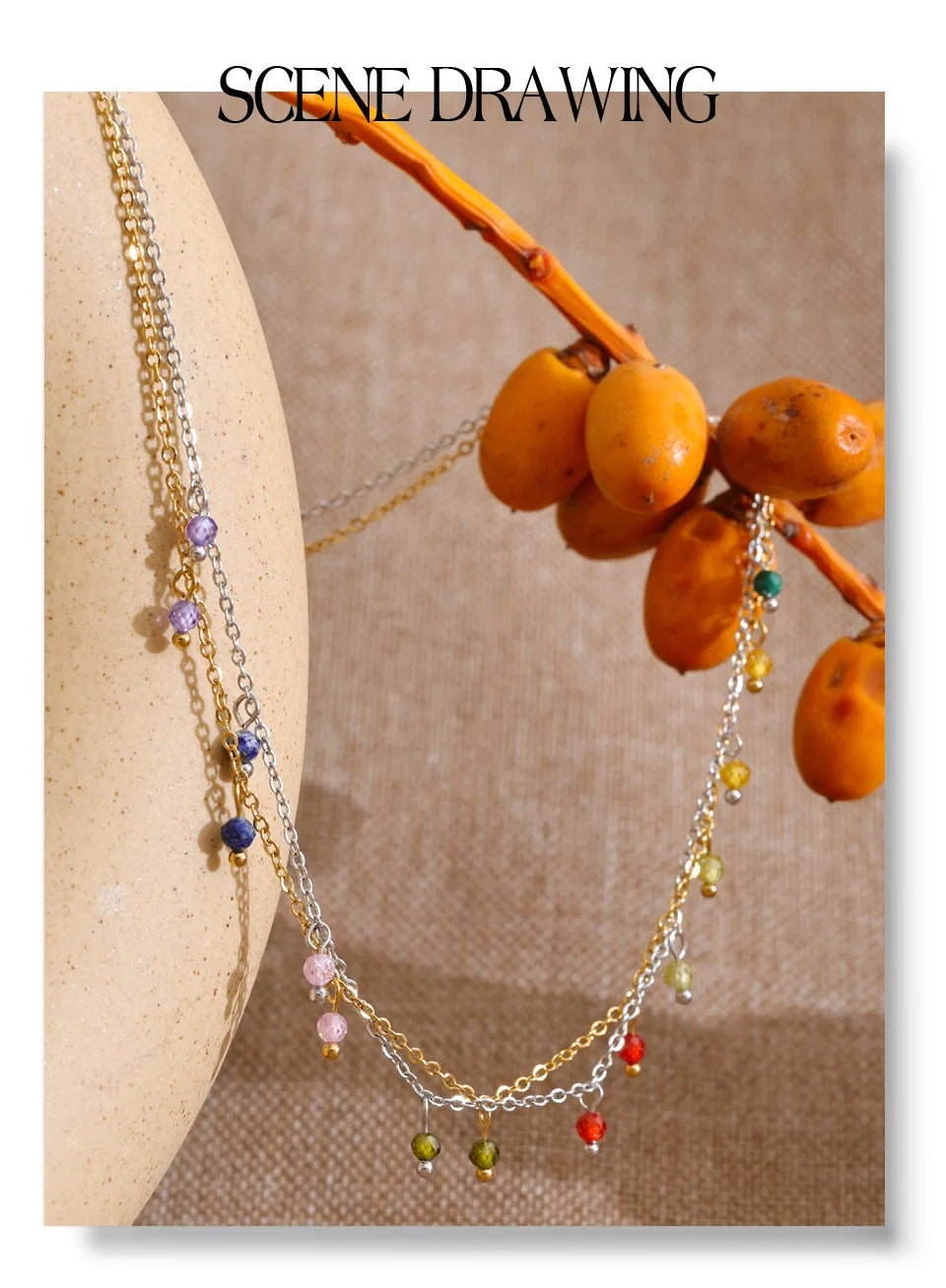 Cubic zirconia multi-color geometric necklace in gold-plated stainless steel with cubic zirconia.