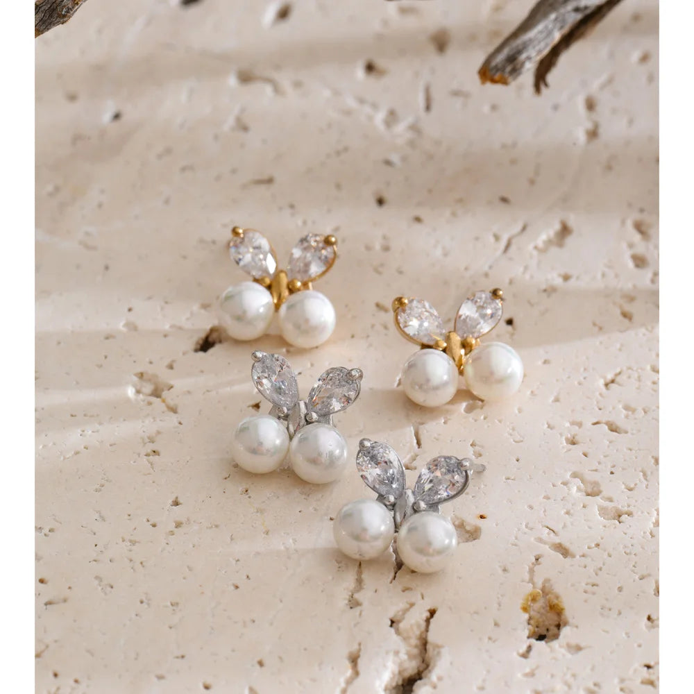 Cubic Zirconia Pearl Butterfly Earrings — Gold-Plated Stainless Steel with Pearl and Cubic Zirconia · PS1342