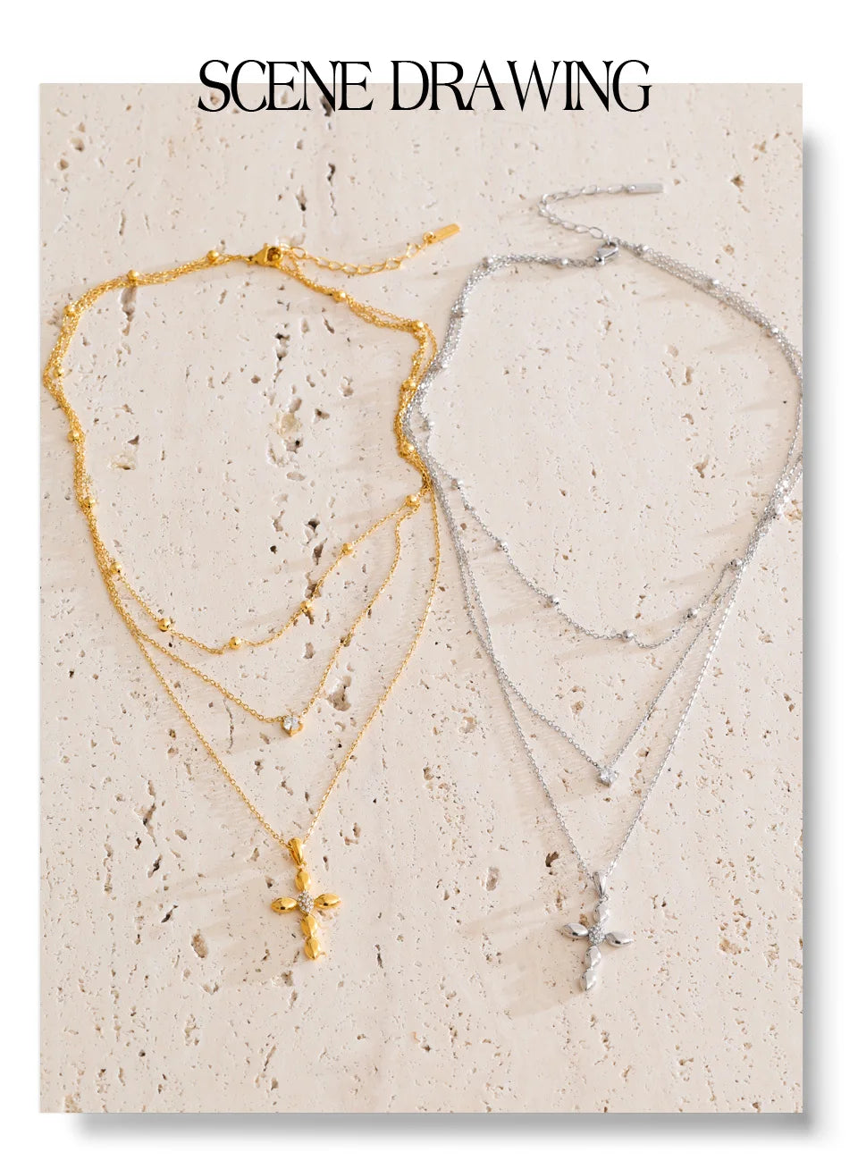 Cubic zirconia cross chain necklace in gold-plated stainless steel with cubic zirconia.