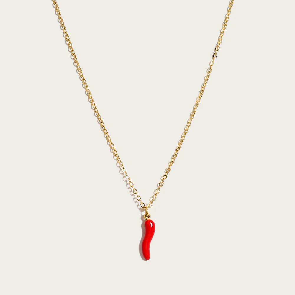 Chain Necklace Enamel Red Hot Pepper Pendant — 316L Stainless Steel · PS474