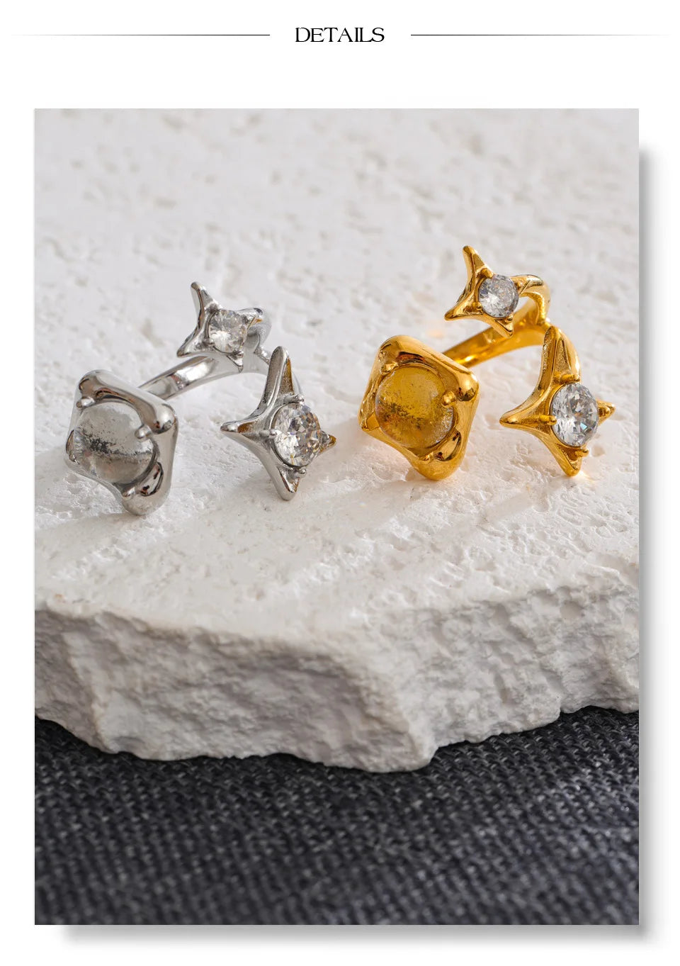 Cubic zirconia geometric ring in 18K gold-plated stainless steel with cubic zirconia.