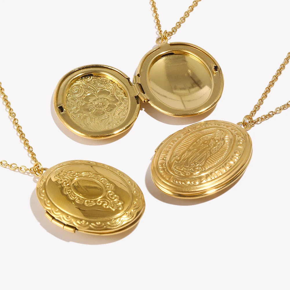 E.B.belle Oval Shape Flower Mirror Photo Box Pendant Necklace 18k Gold Plated Stainless Steel Jewelry Charm For Women Girl Gift