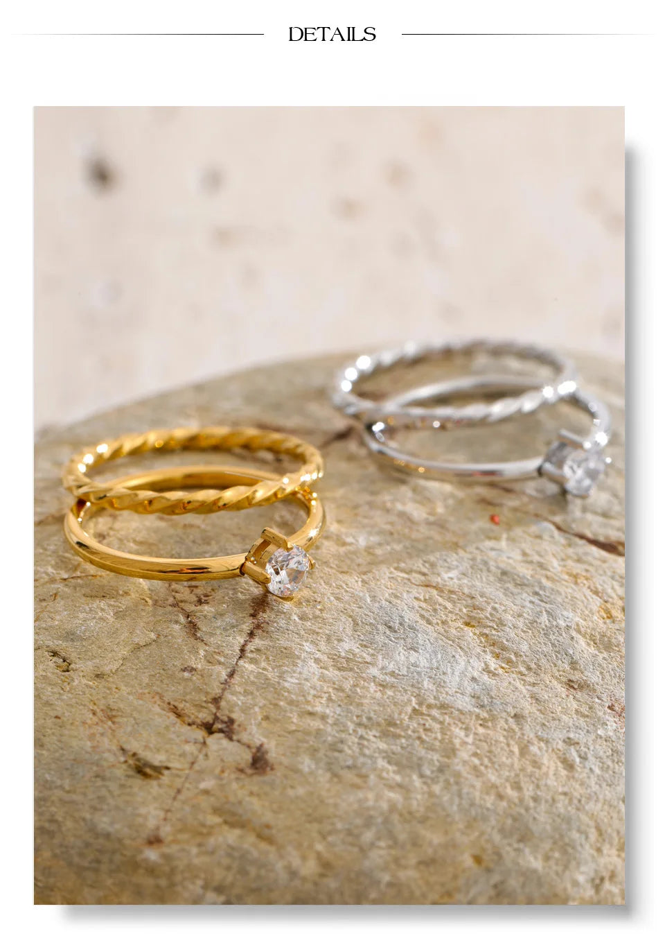 Cubic zirconia geometric ring in gold-plated stainless steel with cubic zirconia.