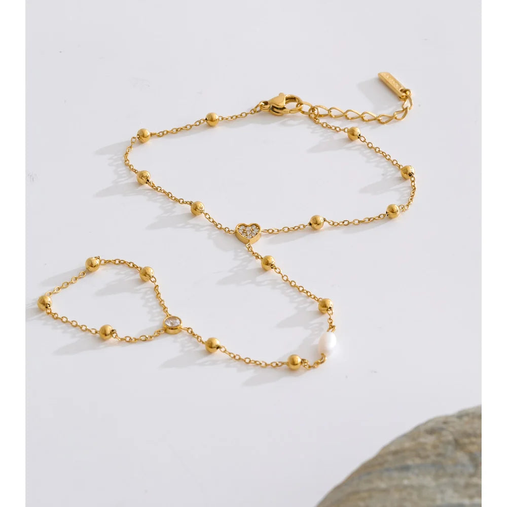 Cubic Zirconia Pearl Geometric Bracelet — Gold-Plated Stainless Steel with Pearl and Cubic Zirconia · PS1330