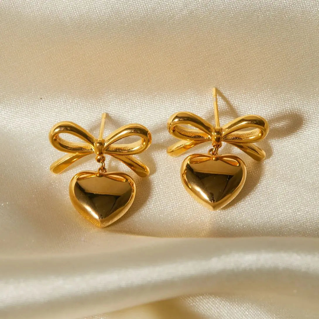 Bow Heart Drop Earrings — Stainless Steel · PS064