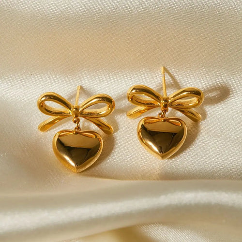 Bow Heart Drop Earrings — Stainless Steel · PS064