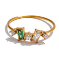 Cubic zirconia multi-color geometric ring in 18K gold-plated stainless steel with cubic zirconia.