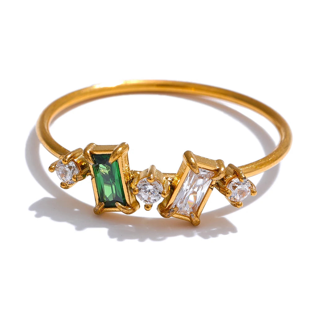 Cubic zirconia multi-color geometric ring in 18K gold-plated stainless steel with cubic zirconia.
