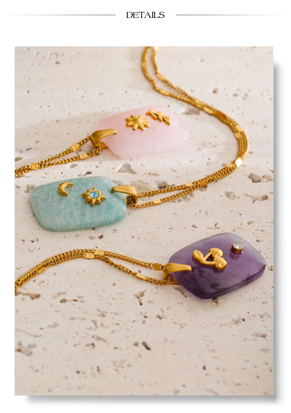 Pink natural stone star necklace in gold-plated stainless steel with natural stone.