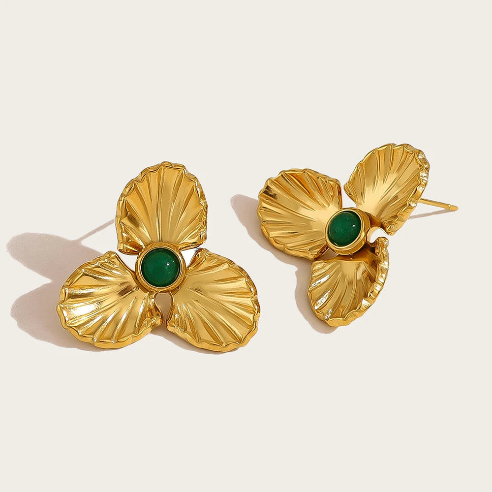 Stud Earrings Floral Vintage Natural Stone — 316L Stainless Steel · PS383